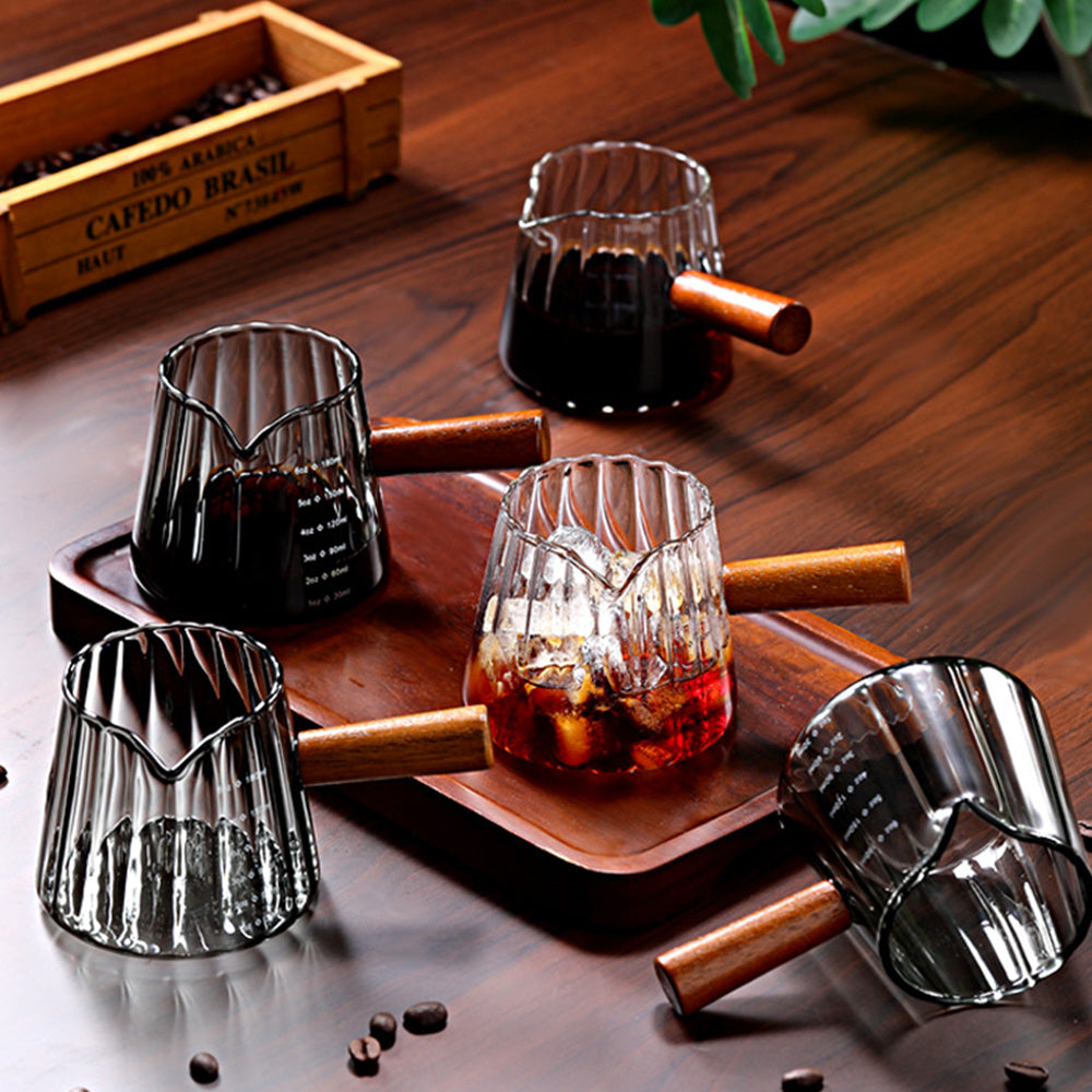 180ml Ribbed Glass Espresso Measuring Cup with Engineered Wood Handle