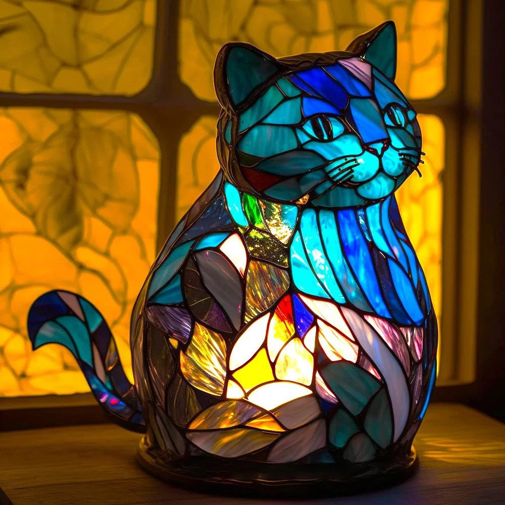 Stained Painting Glass-Like Animal Table Lamp Resin Night Light-Cat