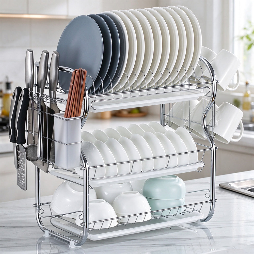 Multifunctional 3 Tier Iron Dish Drying Rack with Drainboard