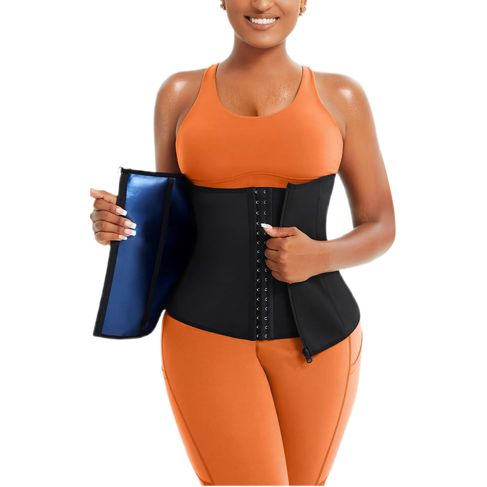 Womens Workout Waist Trainer 3-Row Hook and Zip Slimming Belt for Yoga Fitness-Blue