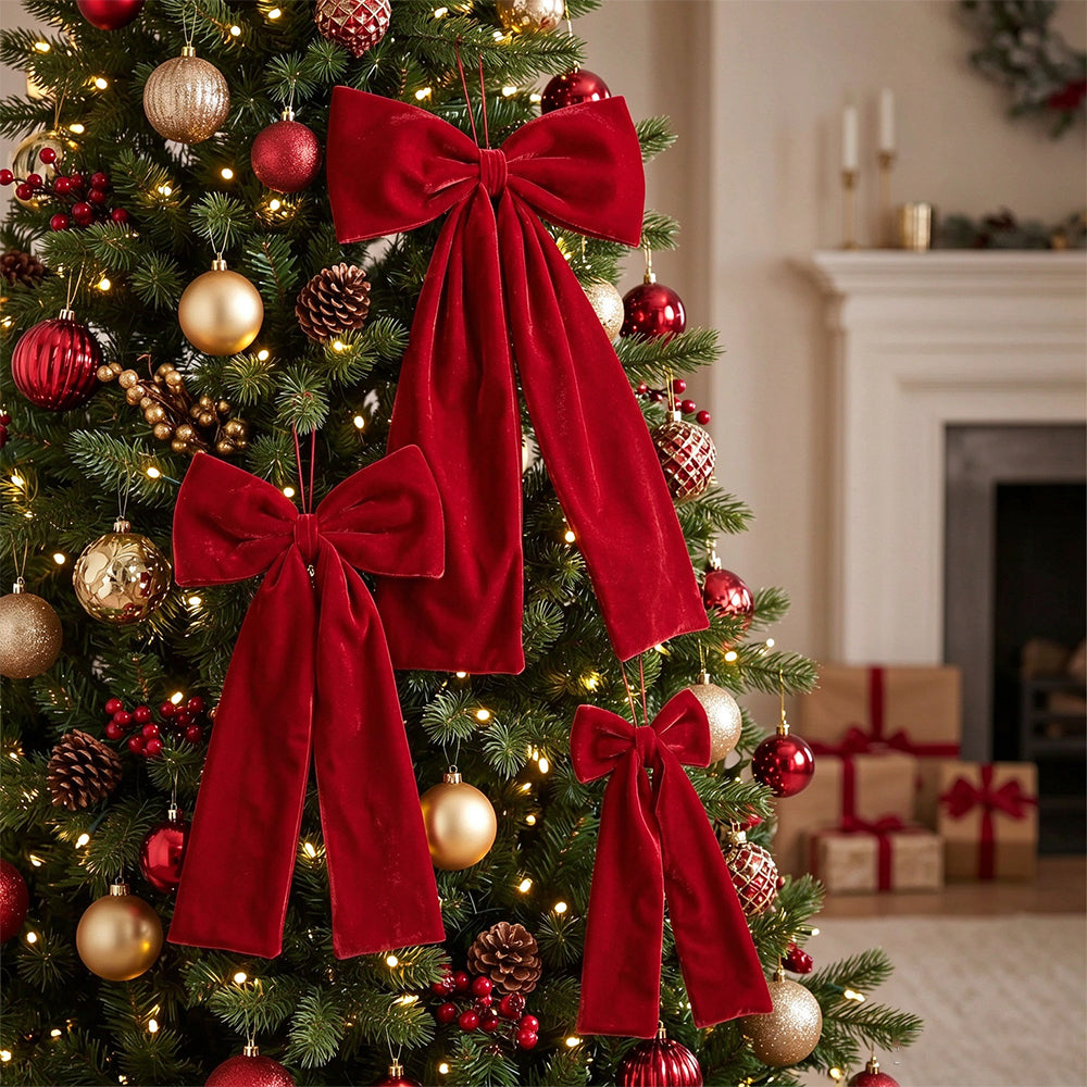 Vintage Burgundy Velvet Christmas Bow with Hanging Cord for Tree Decor
