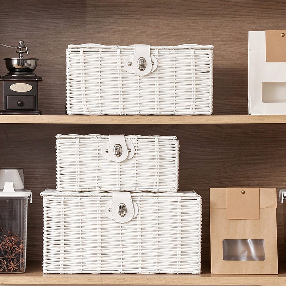 3 Piece Imitation Rattan Woven Storage Basket Set with Locking Lids-White