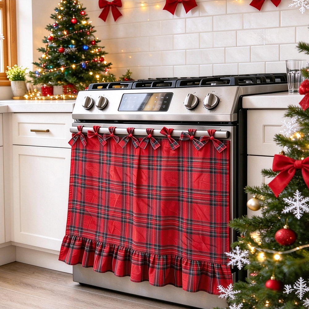 Polyester Cotton Plaid Oven Cover Curtain with Ties for Kitchen