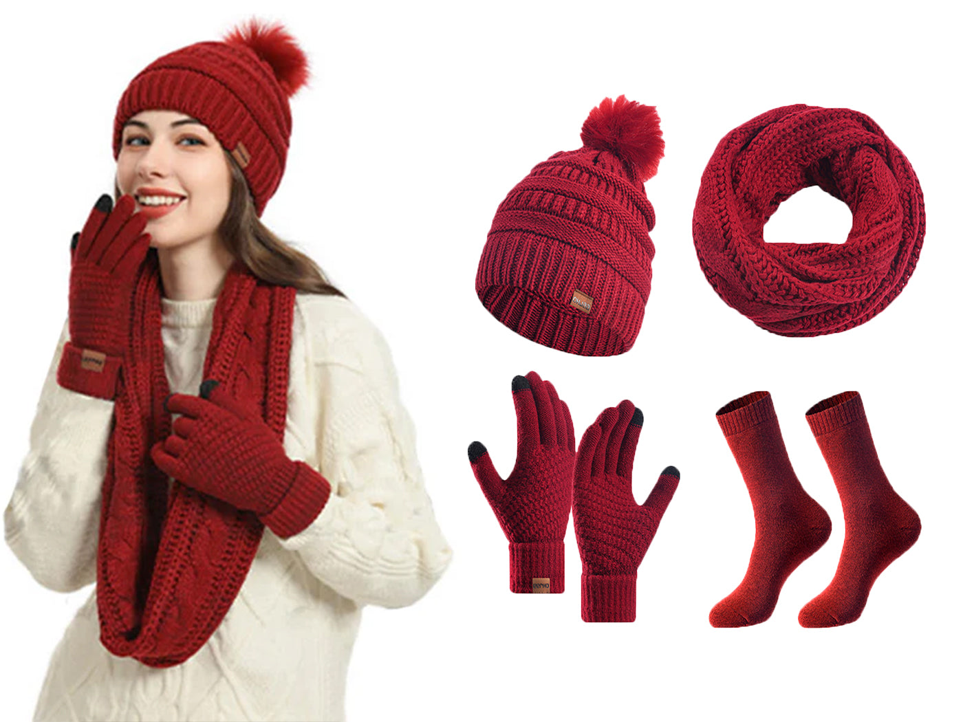 Winter Warm Knit Beanie Hat Scarf Touch Screen Gloves and Socks Set for Women