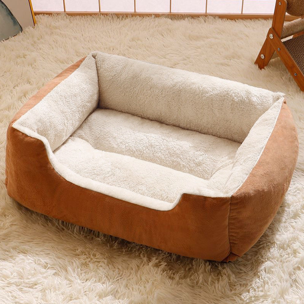 Rectangle Plush Pet Bed Dog Sofa Cozy Puppy Cat Bed-Coffee