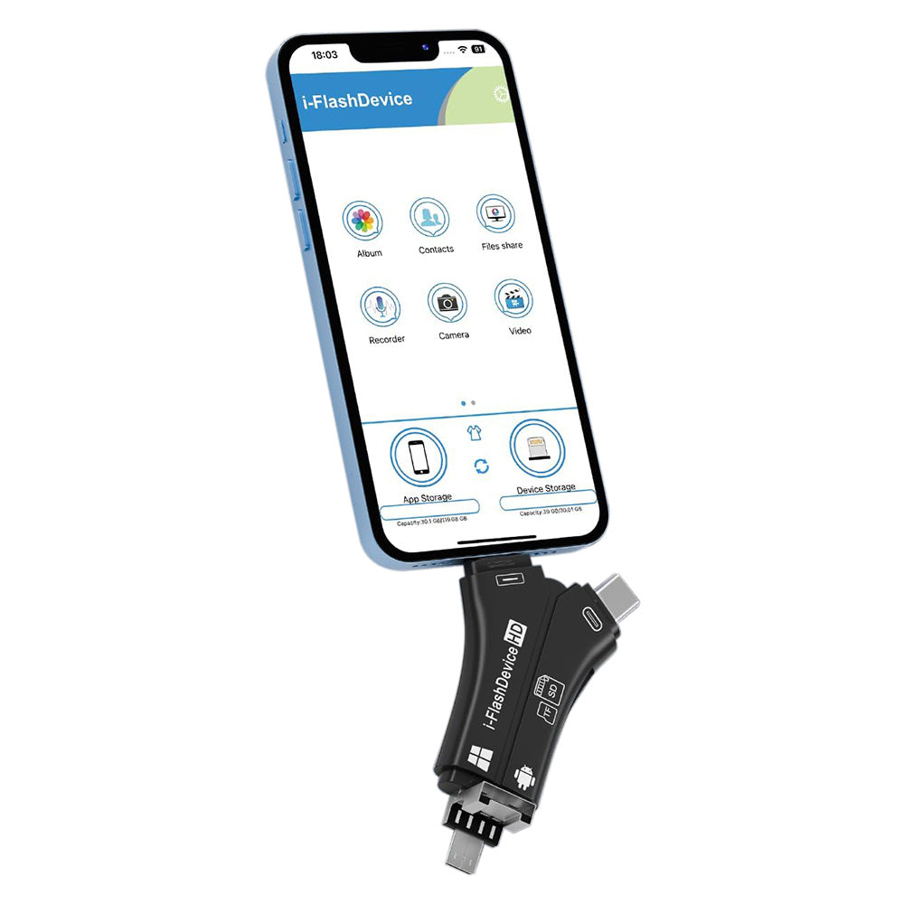 4-in-1 Multi-Interface Memory Card Reader with iPhone Charging Port