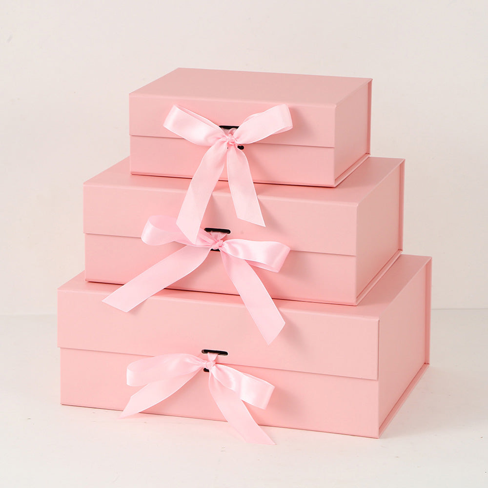 Luxury Foldable Gift Box with Easy Attached Lid and Ribbon-Pink