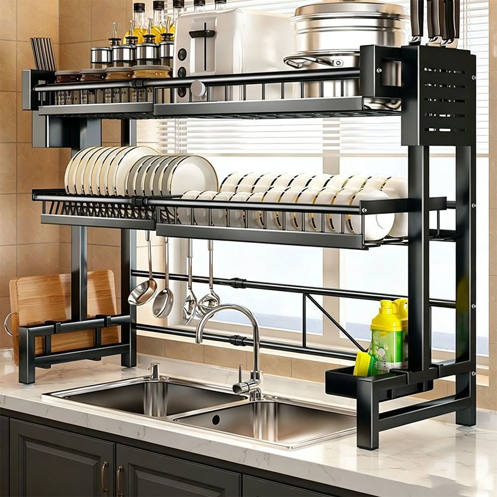 Over The Sink Dish Drying Rack Adjustable Large Capacity Stainless Steel Drainer with Cutlery Utensil Holders