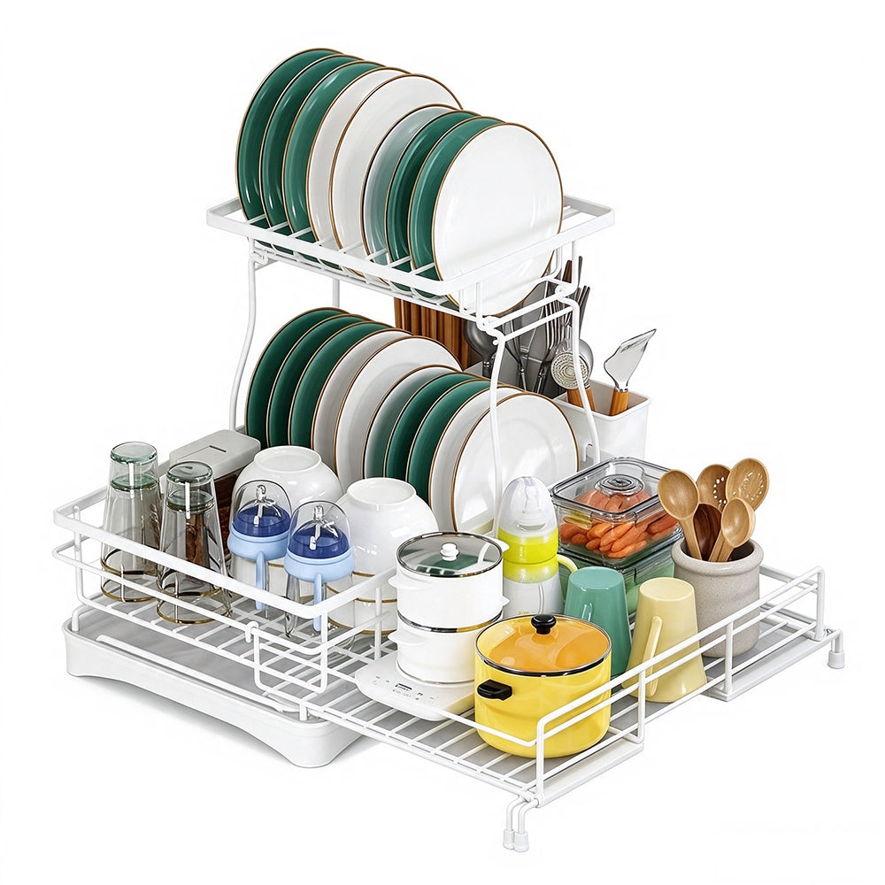 Expandable Carbon Steel Dish Drying Rack with Rotating Drain Spout-White