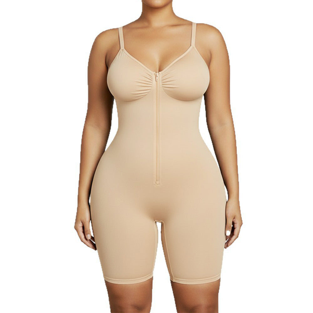 Seamless Shaping Bodysuit with Front Zipper Hook and Adjustable Straps-Beige