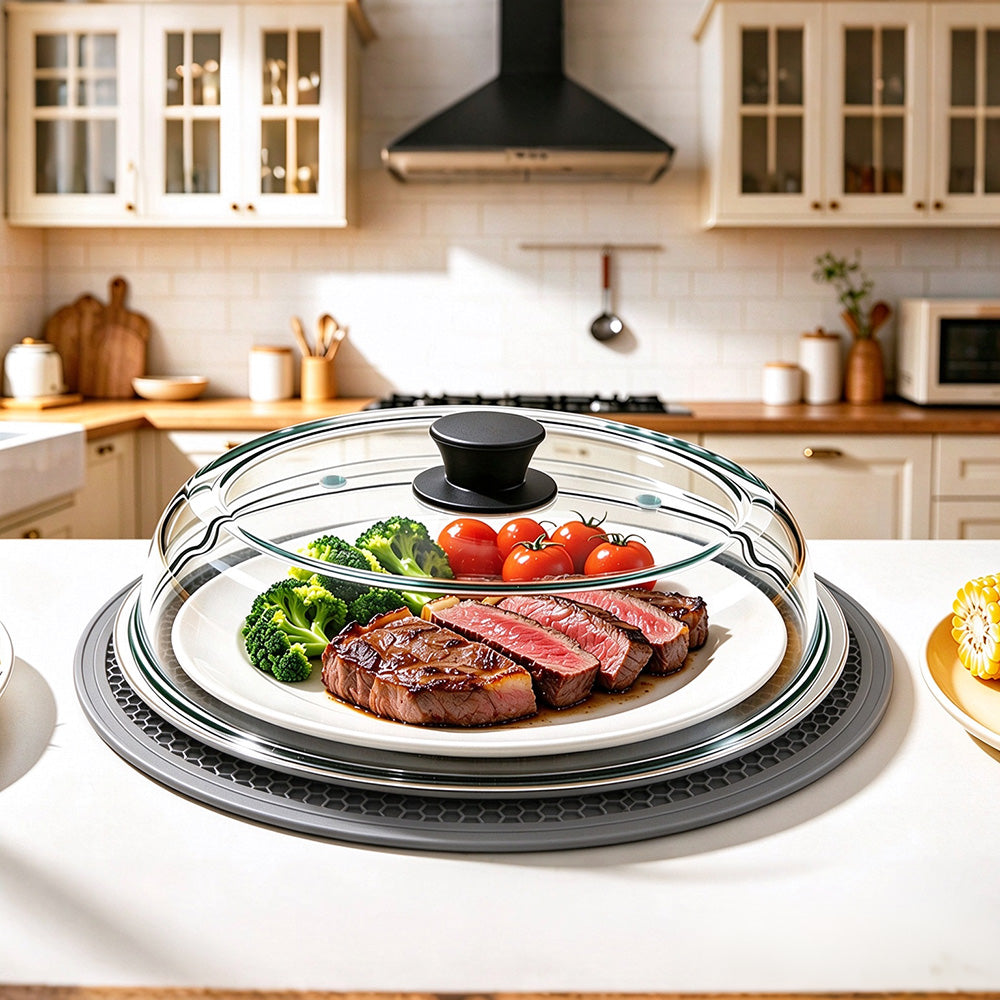 Microwave Glass Splatter Cover with Silicone Trivet Dual Vents and Handle
