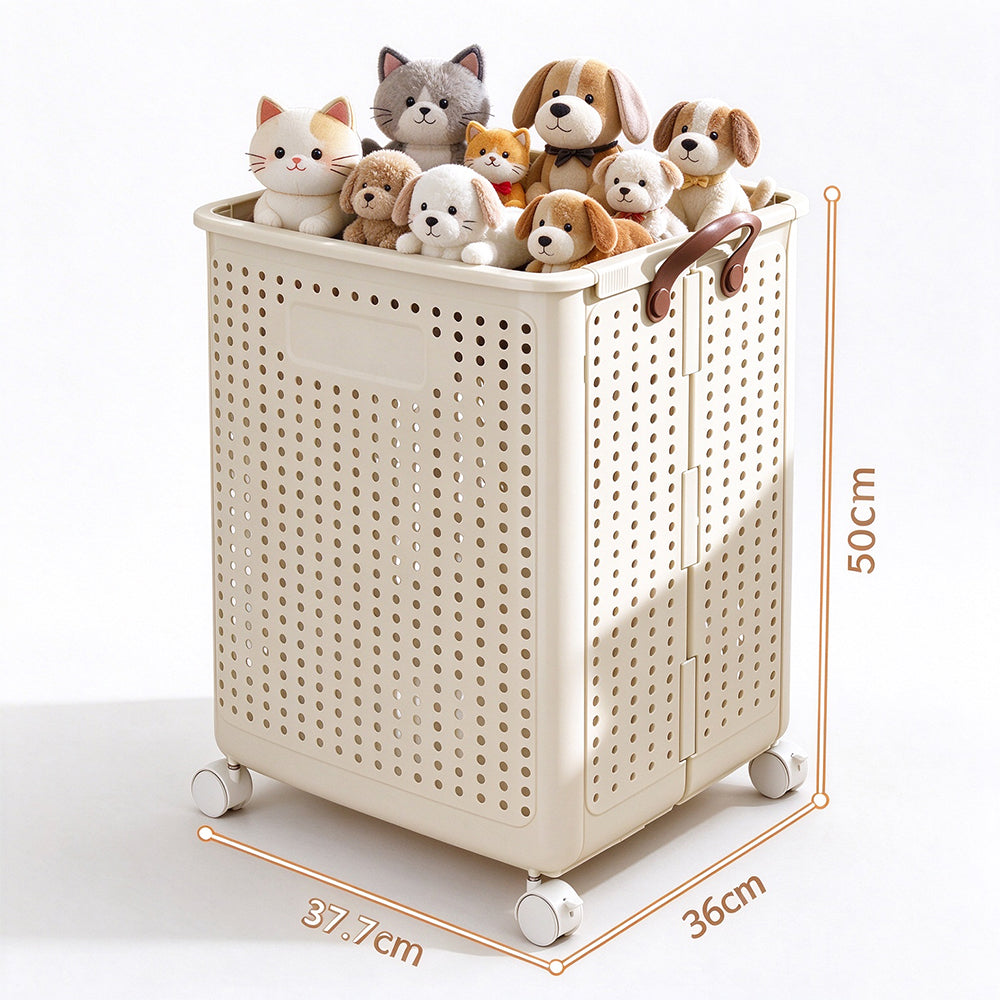 Folding Laundry Basket with Wheel Large Capacity Collapsible Clothes Storage Bin-Beige