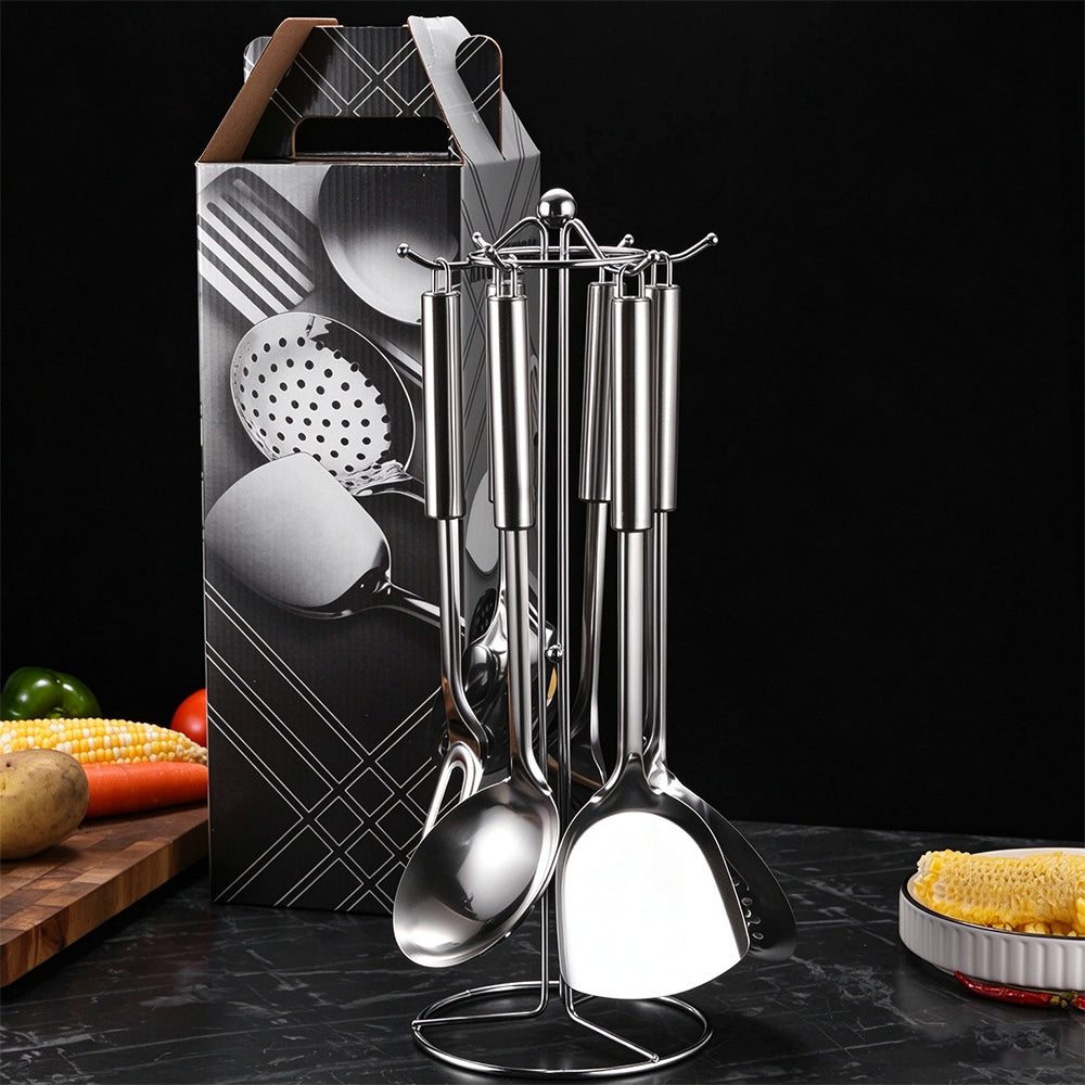 7 Piece Stainless Steel Kitchen Utensil Set with Hanging Rack