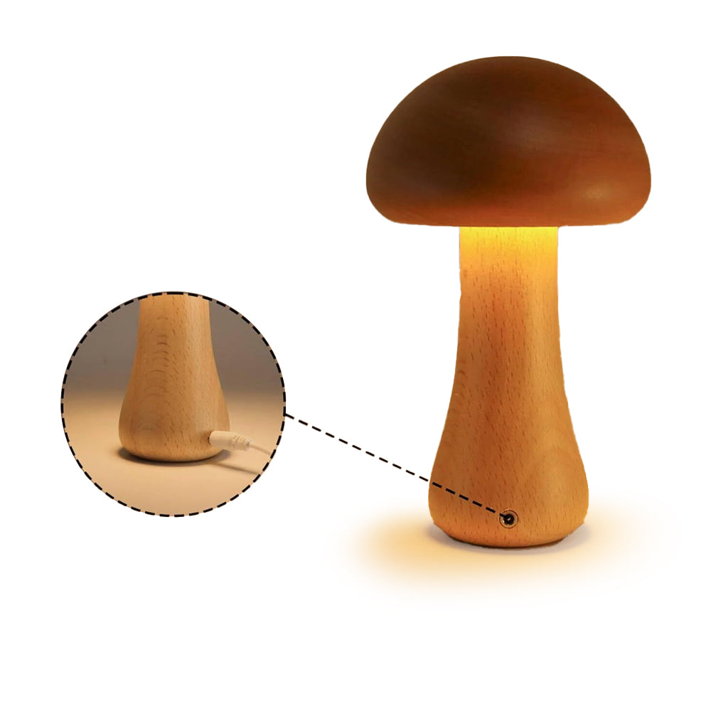 Wooden Mushroom Rechargeable Battery Operated Lamp with Stepless Dimming