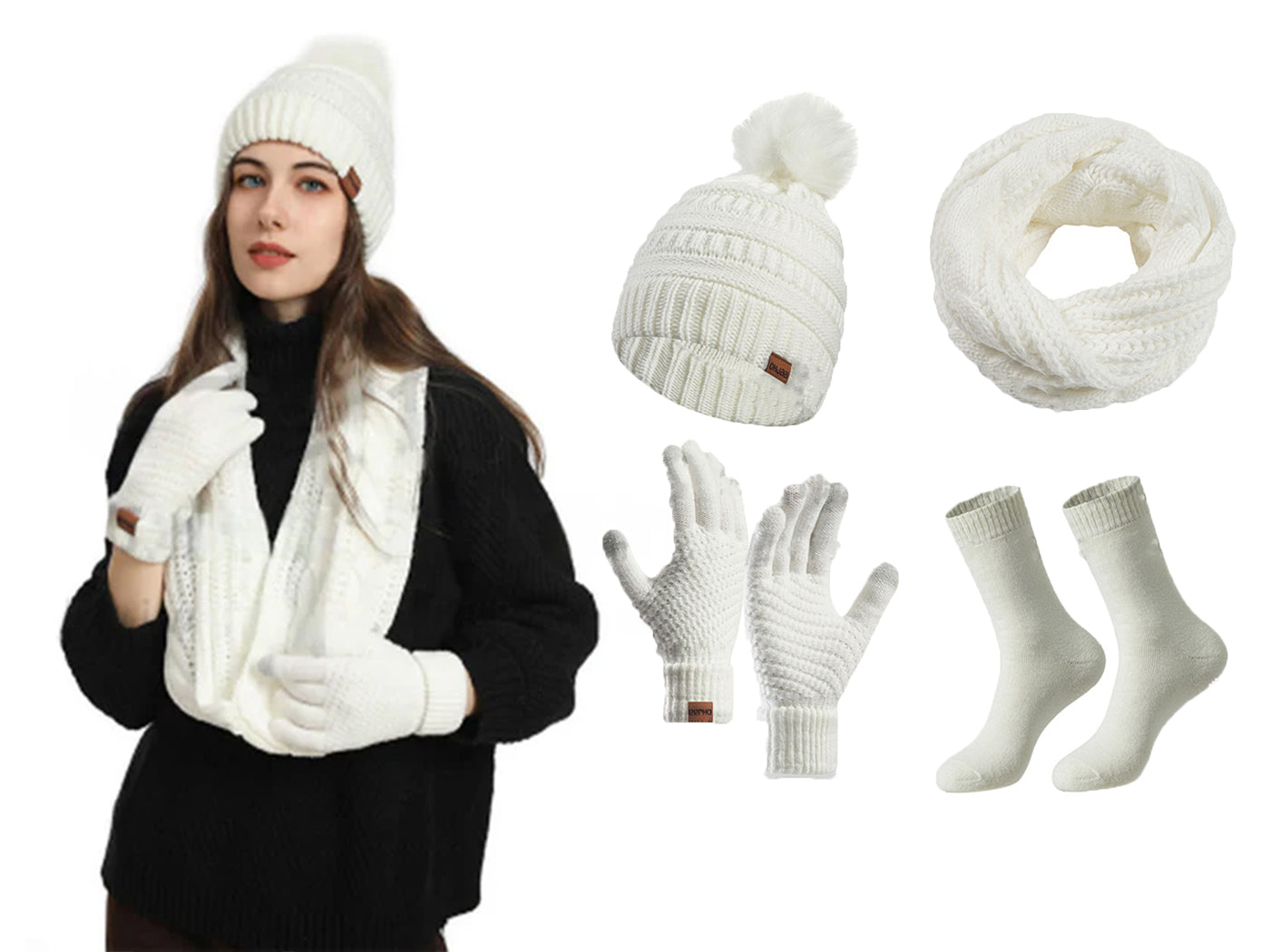 Winter Warm Knit Beanie Hat Scarf Touch Screen Gloves and Socks Set for Women