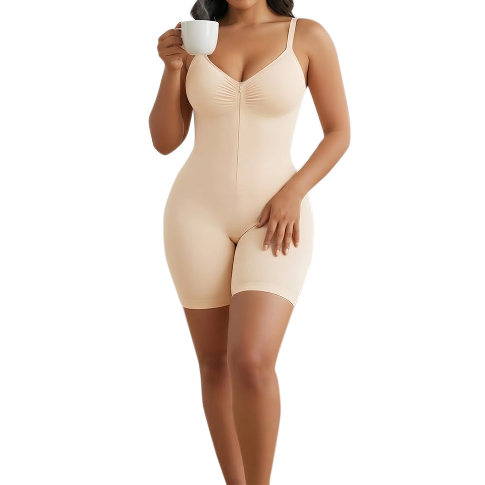 Seamless Shaping Bodysuit with Front Zipper Hook and Adjustable Straps-Beige