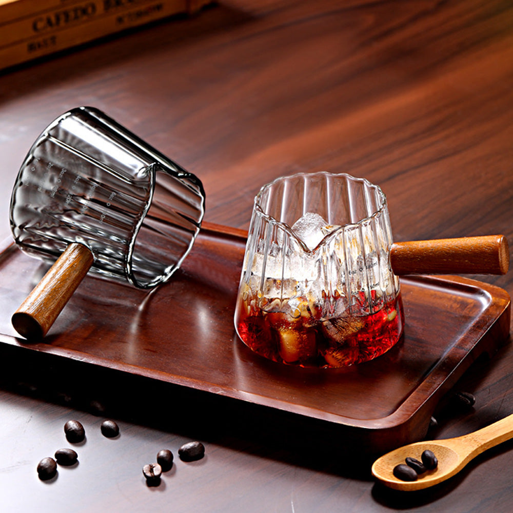 180ml Ribbed Glass Espresso Measuring Cup with Engineered Wood Handle