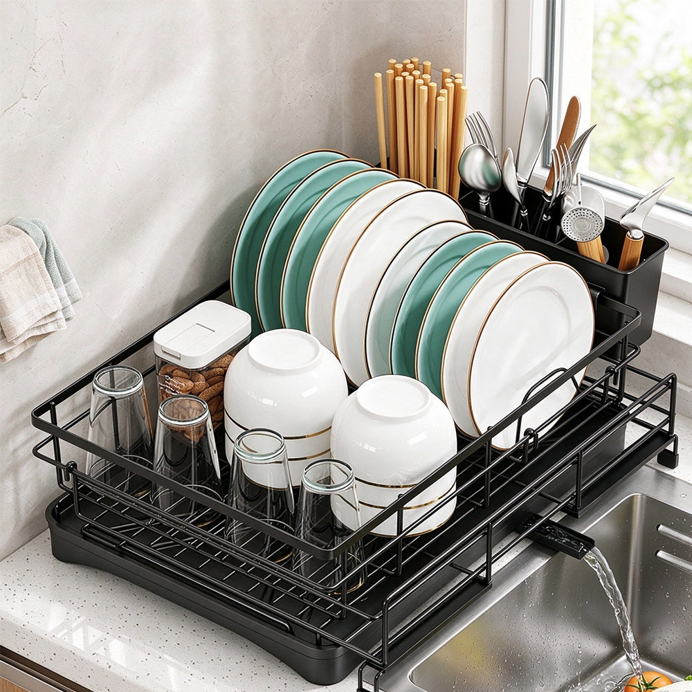 Expandable Carbon Steel Dish Drying Rack with Rotating Drain Spout-Black