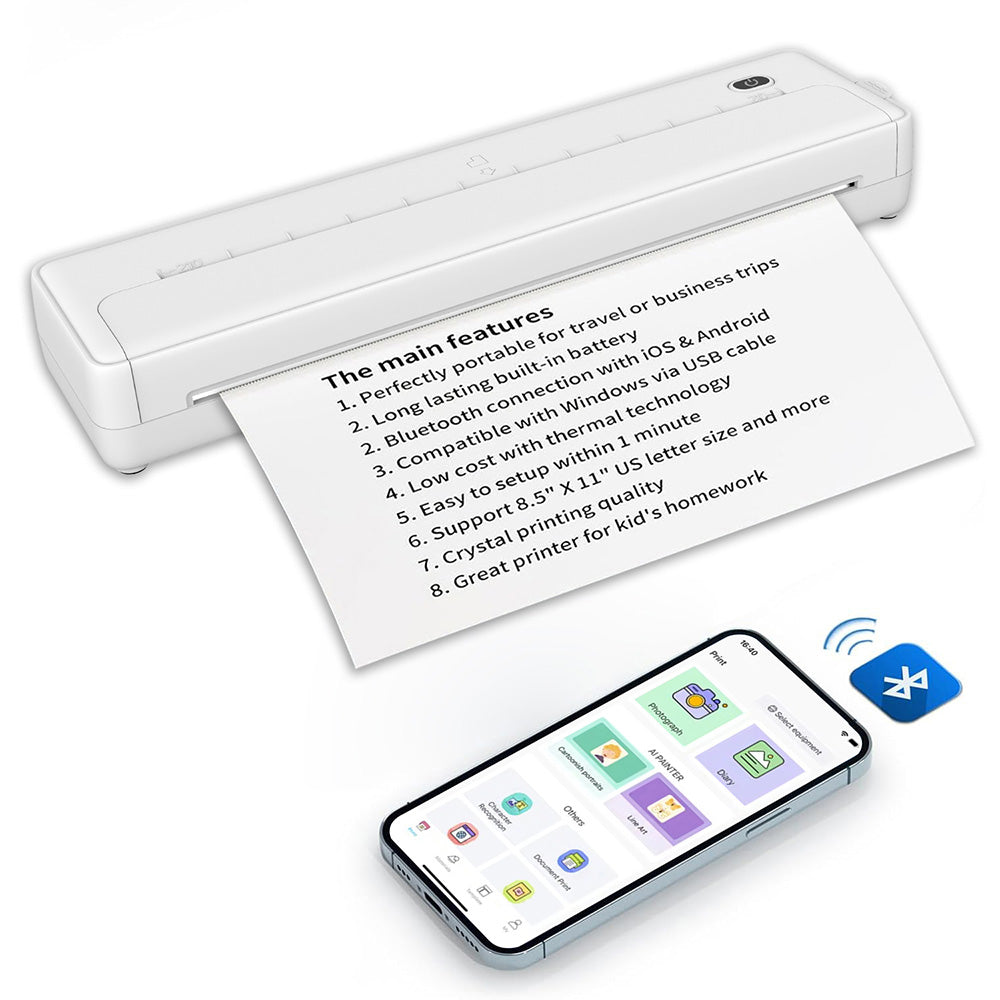 Wireless Bluetooth Portable A4 Thermal Mobile Printer with 100Pcs Thermal Paper