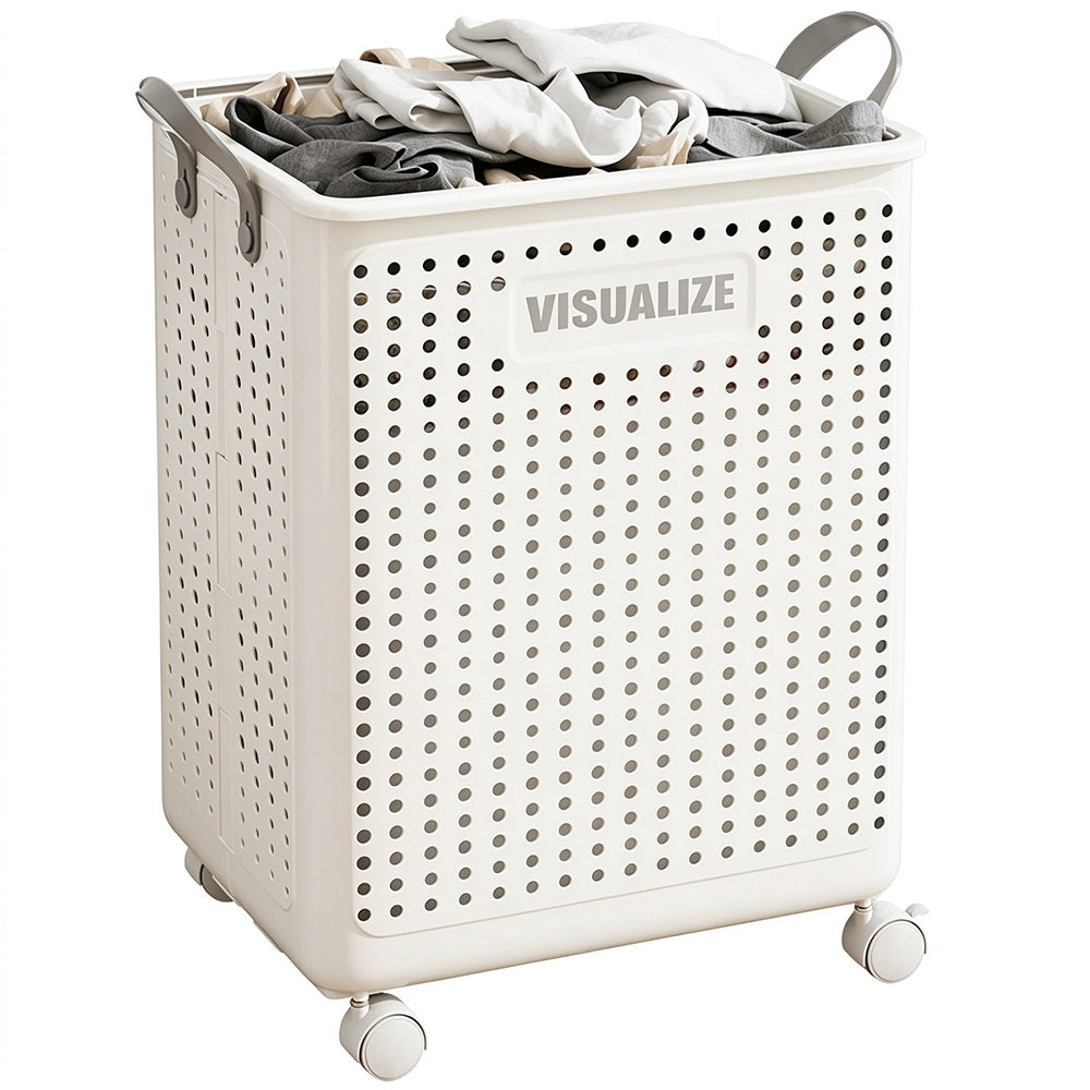 Folding Laundry Basket with Wheel Large Capacity Collapsible Clothes Storage Bin-Beige