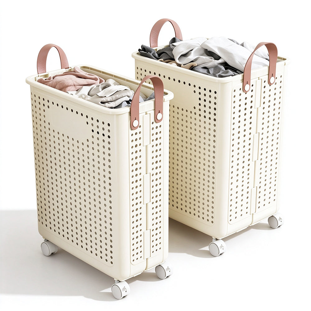 Folding Laundry Basket with Wheel Large Capacity Collapsible Clothes Storage Bin-Beige
