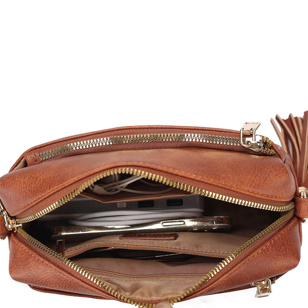 Womens Crossbody Bag with Triple Zipper - PU Leather Shoulder Bag with Adjustable Guitar Strap