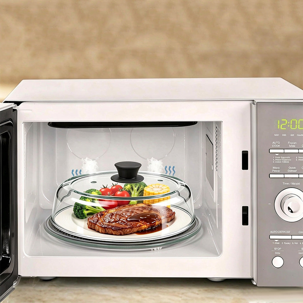 Microwave Glass Splatter Cover with Silicone Trivet Dual Vents and Handle