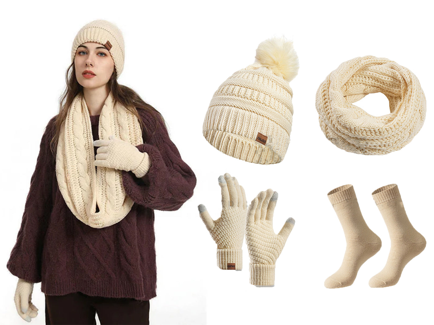 Winter Warm Knit Beanie Hat Scarf Touch Screen Gloves and Socks Set for Women