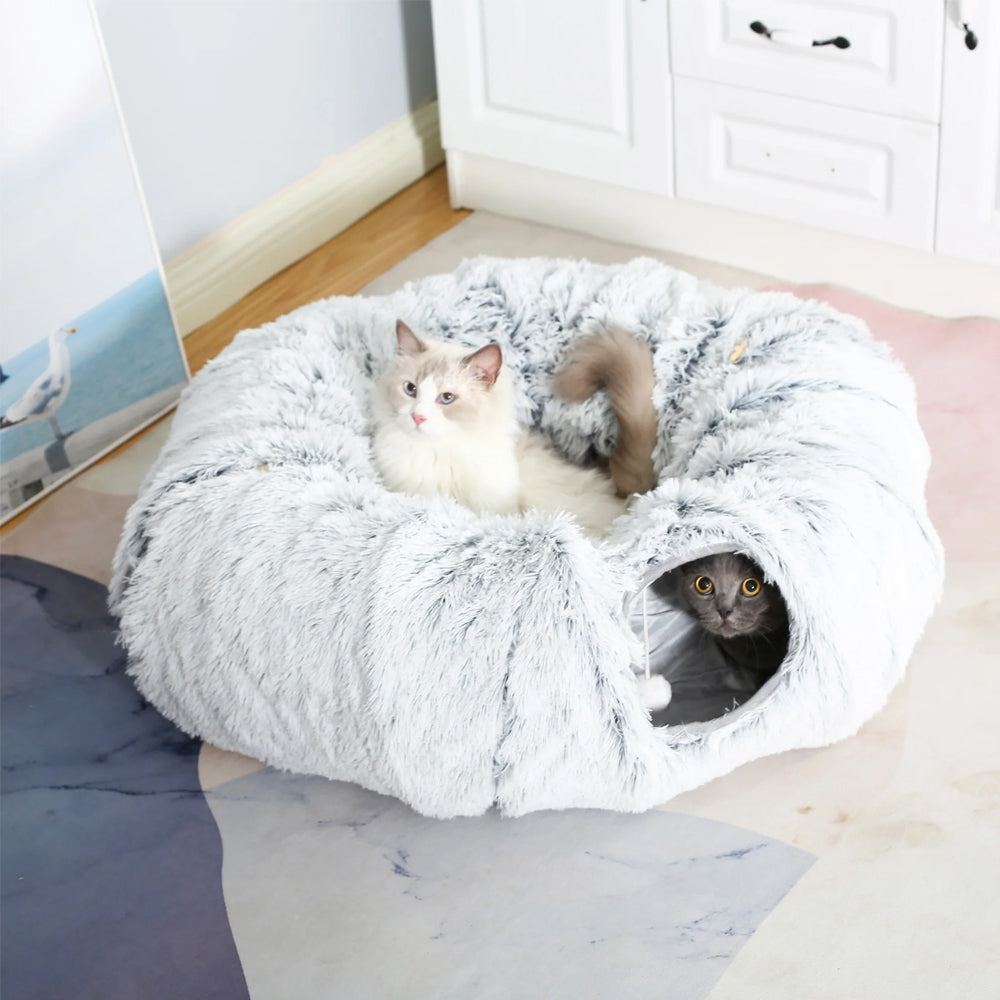 Winter Plush Cat Tunnel with Cat Bed