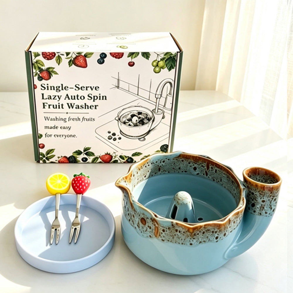 Self-Spinning Ceramic Berry Washing Bowl Set with Drain Holes and 2 Fruit Forks for Cleaning Berries