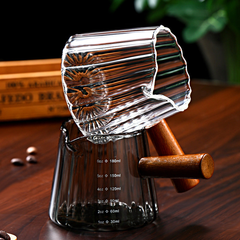 180ml Ribbed Glass Espresso Measuring Cup with Engineered Wood Handle