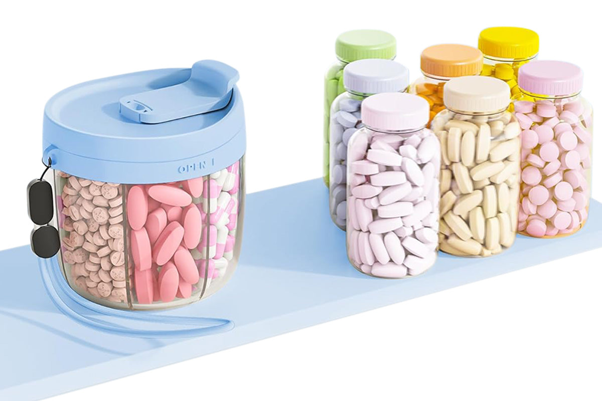 7 Compartments Pill Organizer Bottle with Handle and Rotating Lid for Travel Use