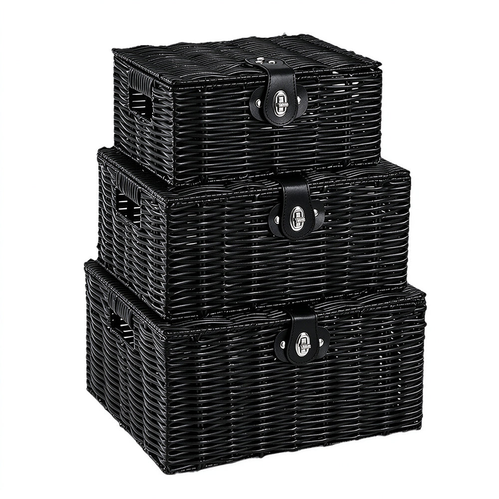 3 Piece Imitation Rattan Woven Storage Basket Set with Locking Lids-Black