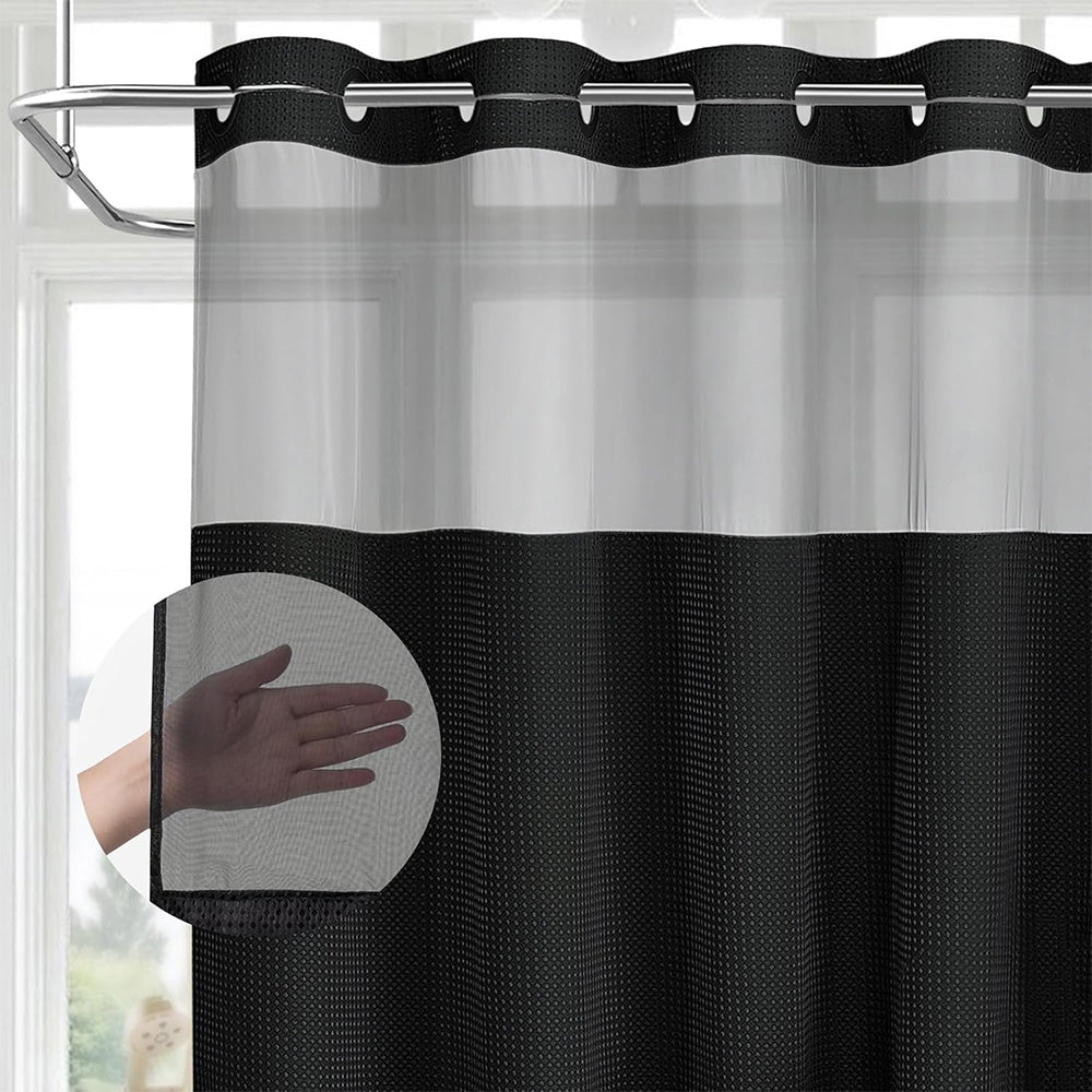 No Hook Shower Curtain with Snap-in Liner and See Through Top Window