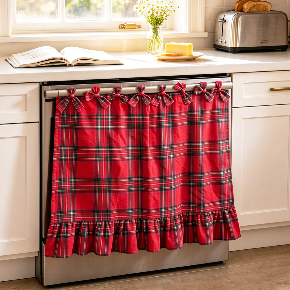 Polyester Cotton Plaid Oven Cover Curtain with Ties for Kitchen