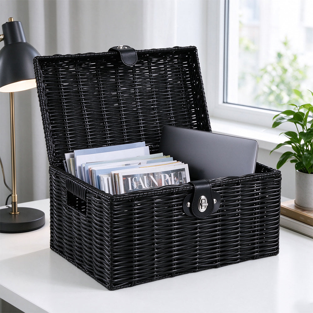 3 Piece Imitation Rattan Woven Storage Basket Set with Locking Lids-Black