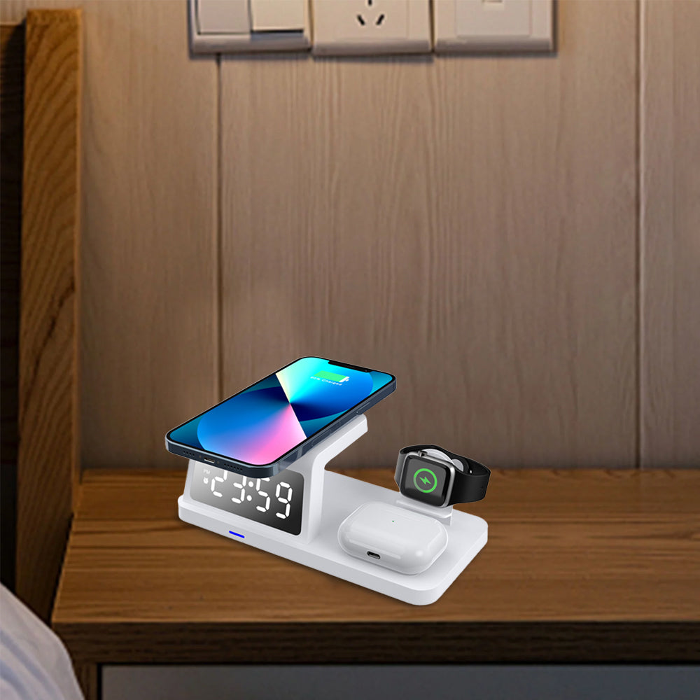 5 in 1 USB Plug Wireless Charging Station with Clock for Phone Watch