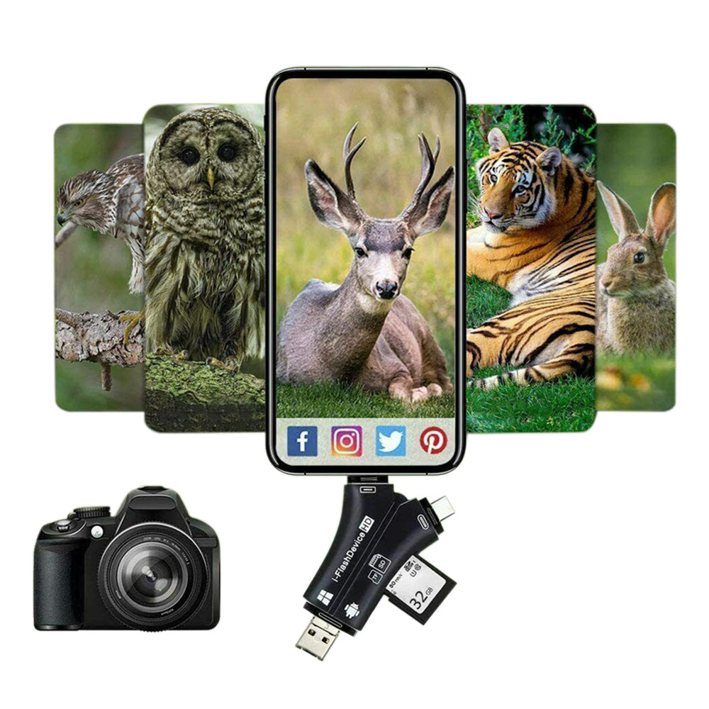 4-in-1 Multi-Interface Memory Card Reader with iPhone Charging Port