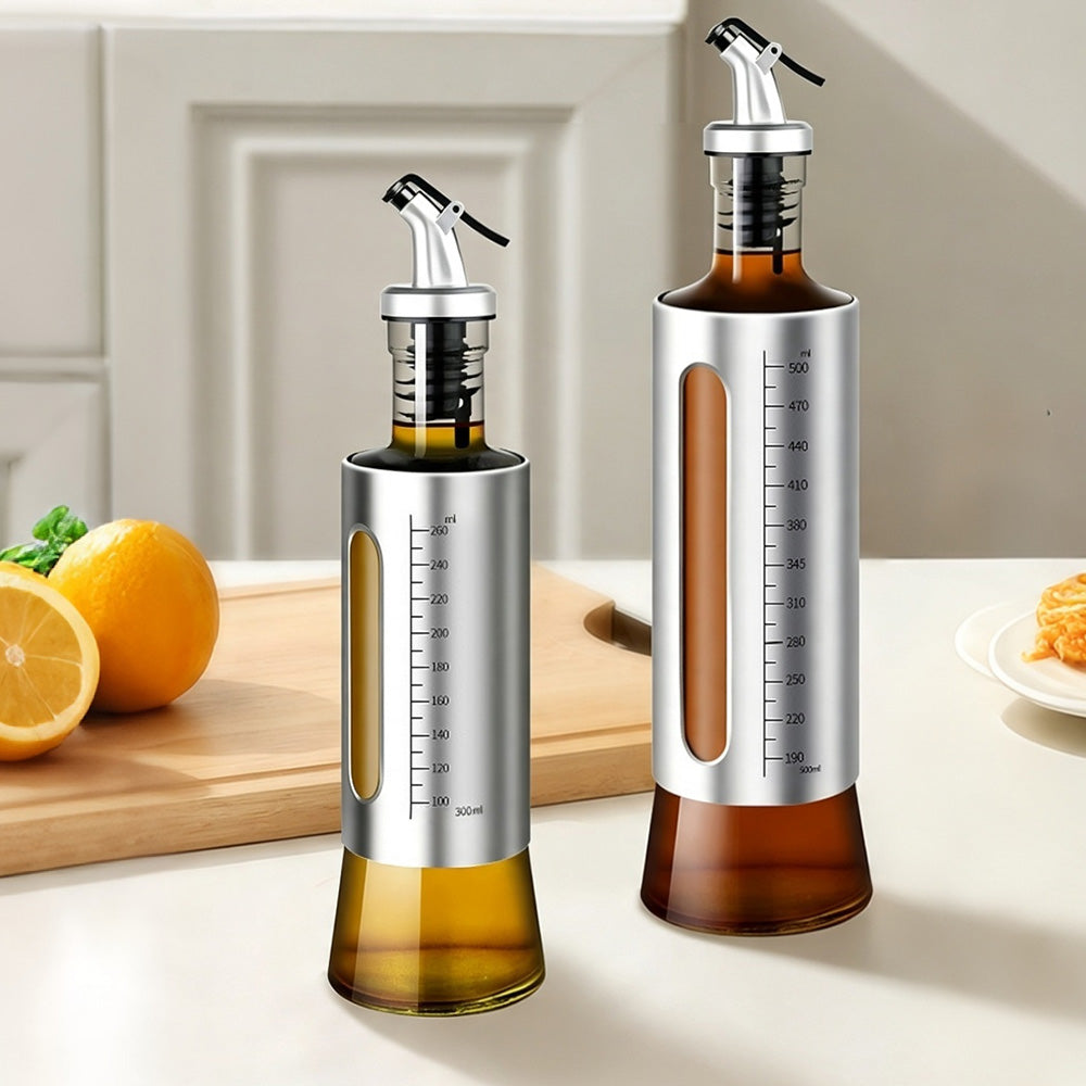Glass Oil Dispenser with Capacity Markings 300 or 500ml Push-Button Bottle
