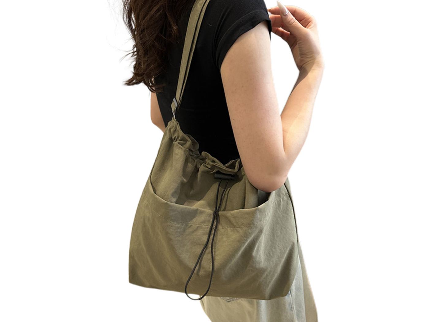 Nylon Crossbody Shoulder Tote Bag Large Capacity Drawstring Bucket Bag
