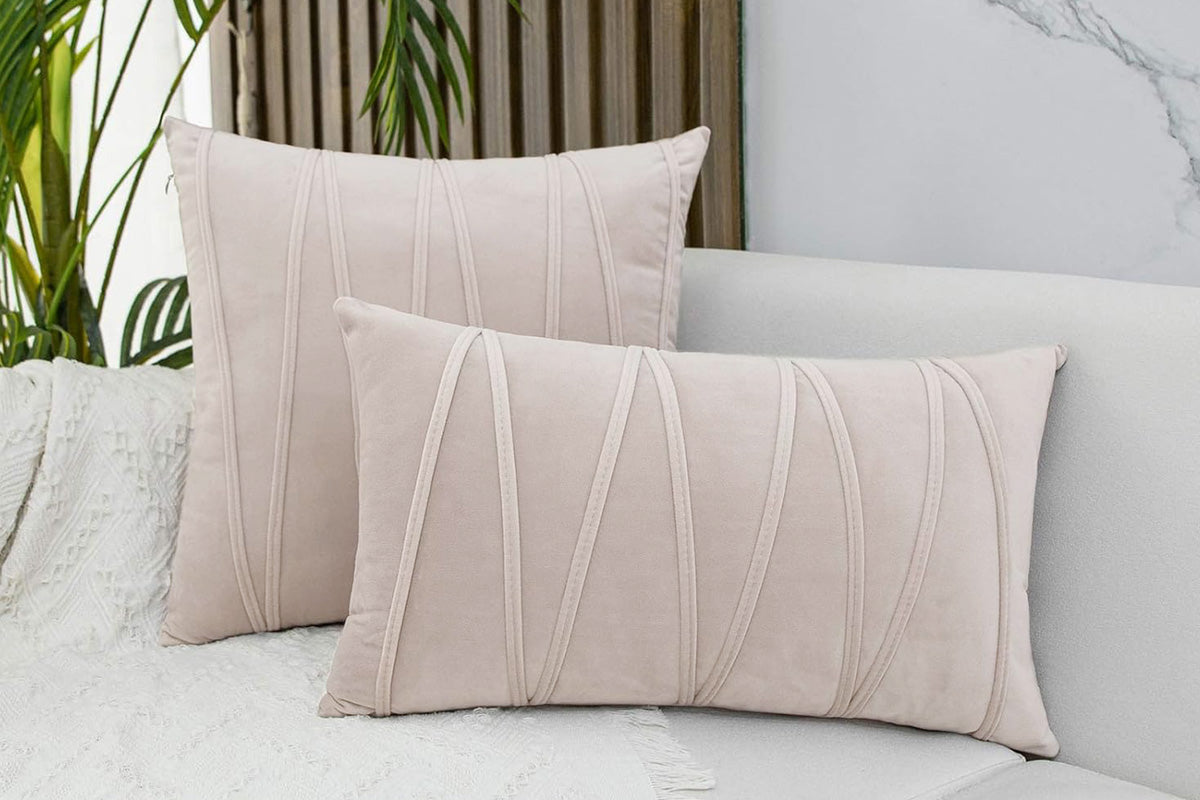 2PCS Velvet Bandage Stripe Cushion Cover Set Throw Pillow Cases for Sofa-Beige