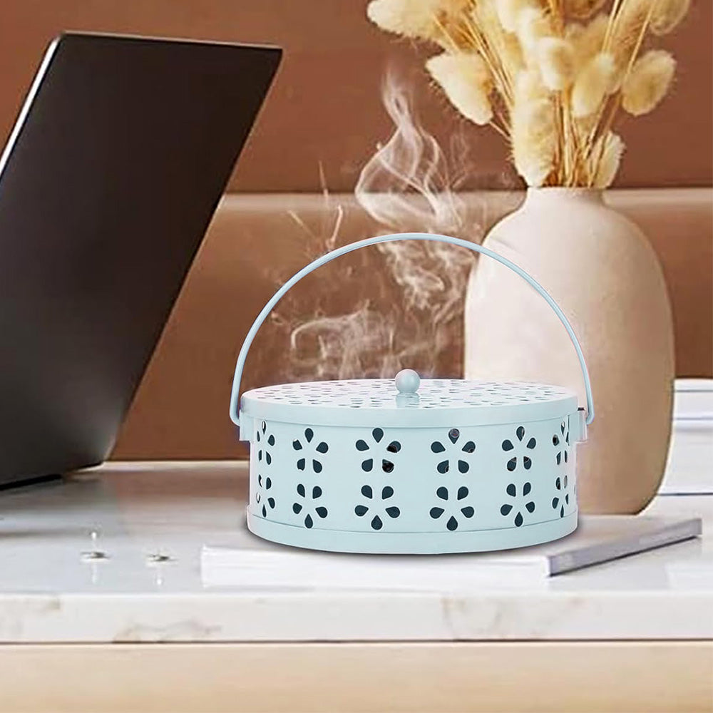 2X 14cm Metal Mosquito Coil and Incense Holder with Lid Floral Cutout Design