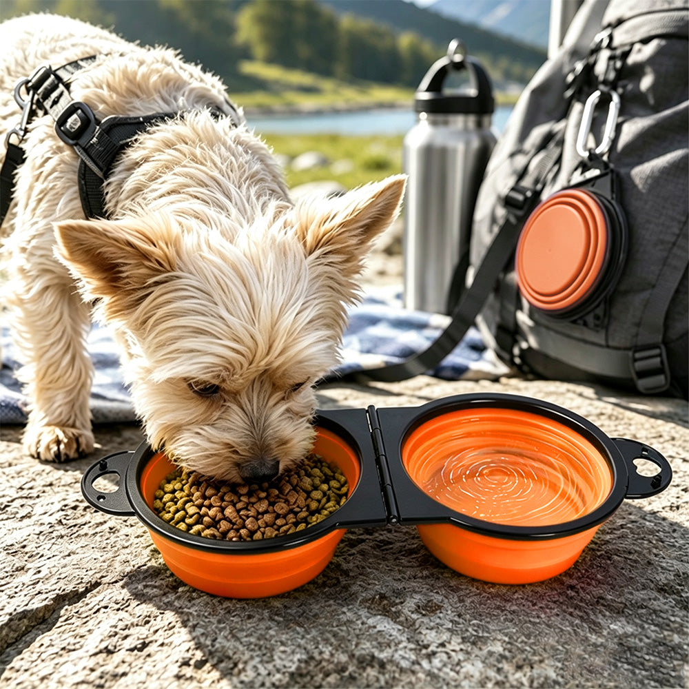 Portable Foldable Dual Pet Bowls for Cats Dogs Outdoor Home Use