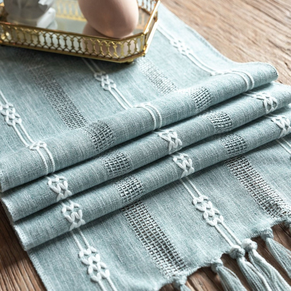Vintage Farmhouse Woven Table Runner with Tassel for Dining Room Kitchen Reading Dresser