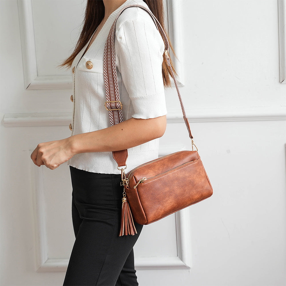 Womens Crossbody Bag with Triple Zipper - PU Leather Shoulder Bag with Adjustable Guitar Strap