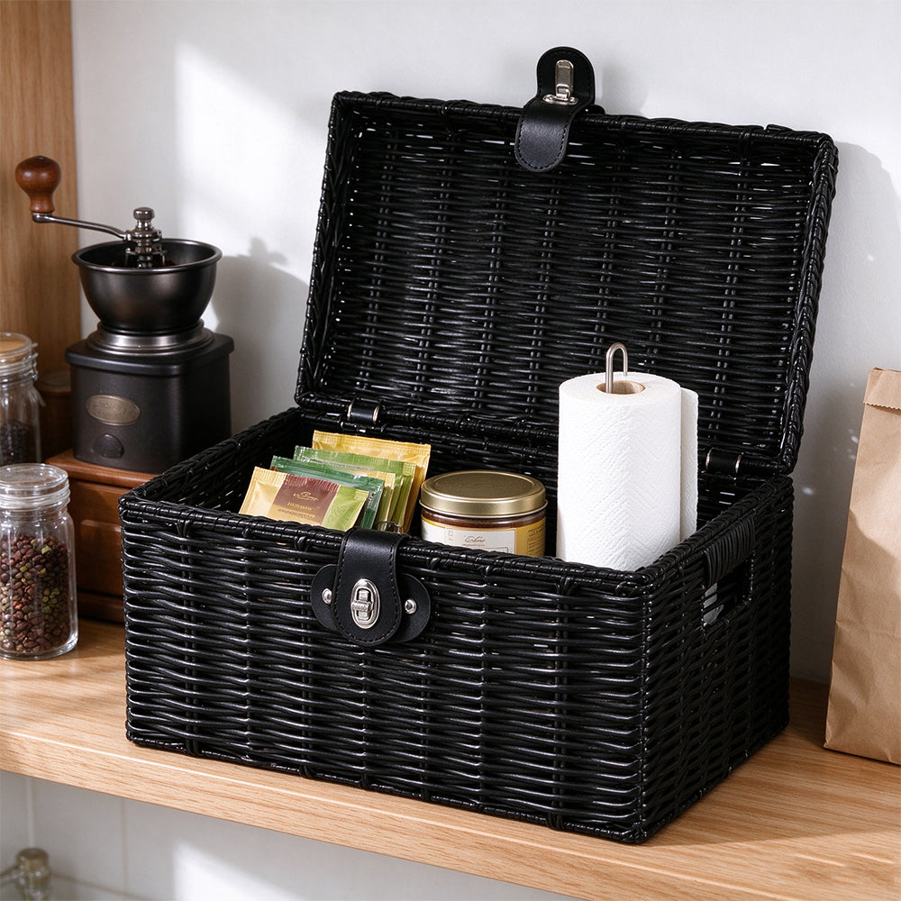 3 Piece Imitation Rattan Woven Storage Basket Set with Locking Lids-Black