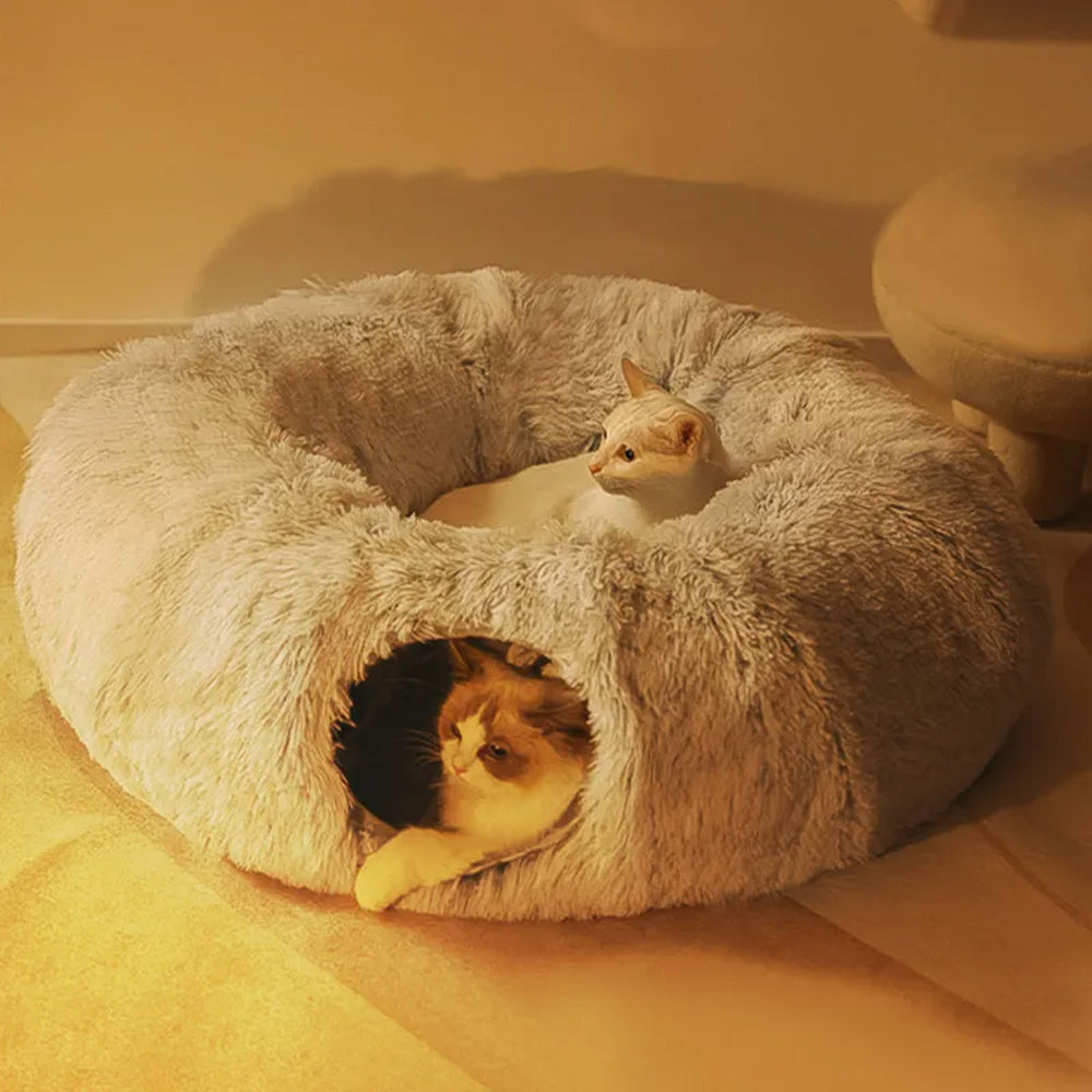 Winter Plush Cat Tunnel with Cat Bed