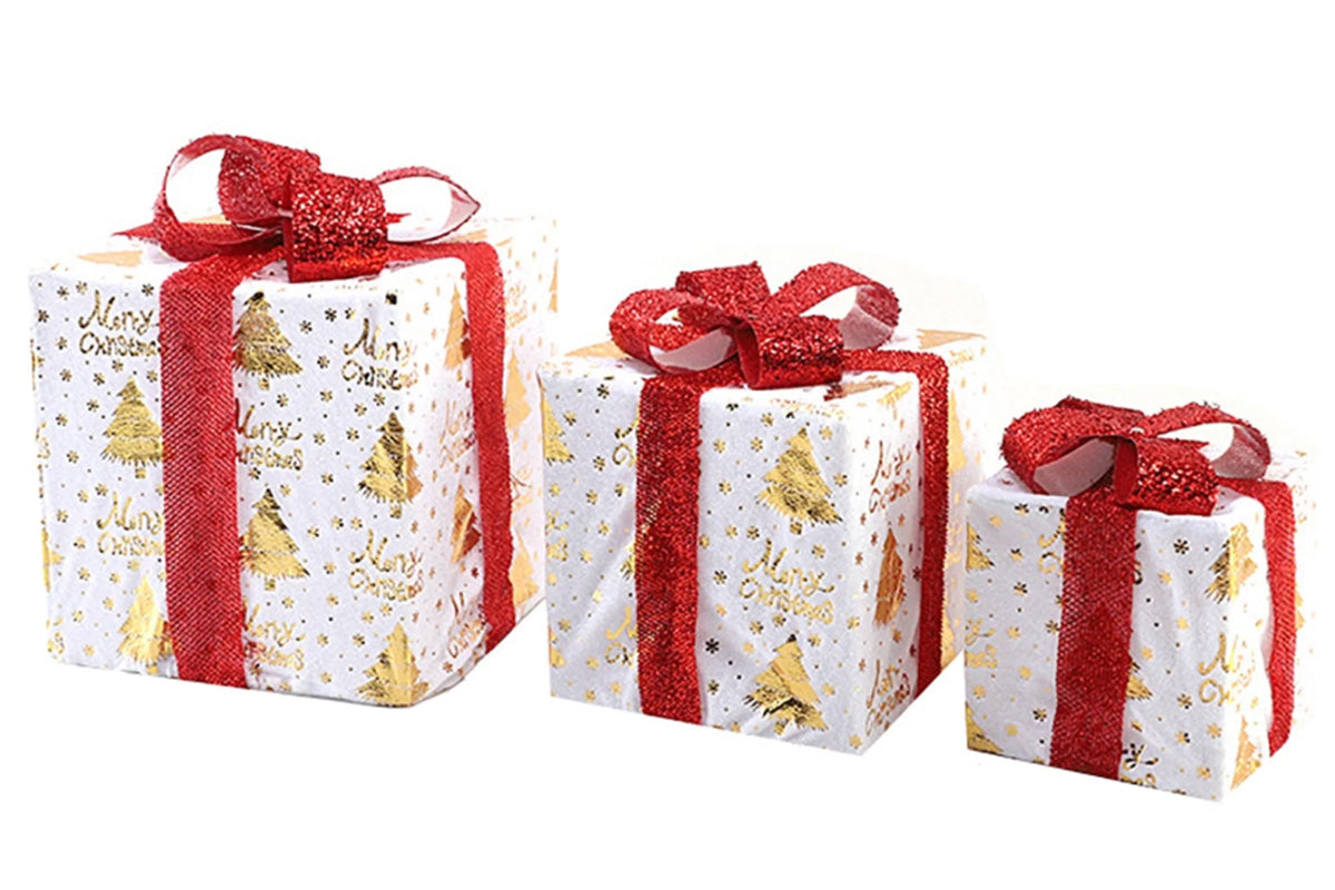 3PCS Christmas Lighted Gift Boxes With 8 Modes For Holiday Indoor Outdoor Decorations