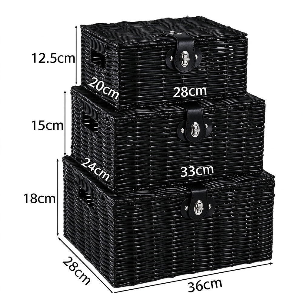3 Piece Imitation Rattan Woven Storage Basket Set with Locking Lids-Black