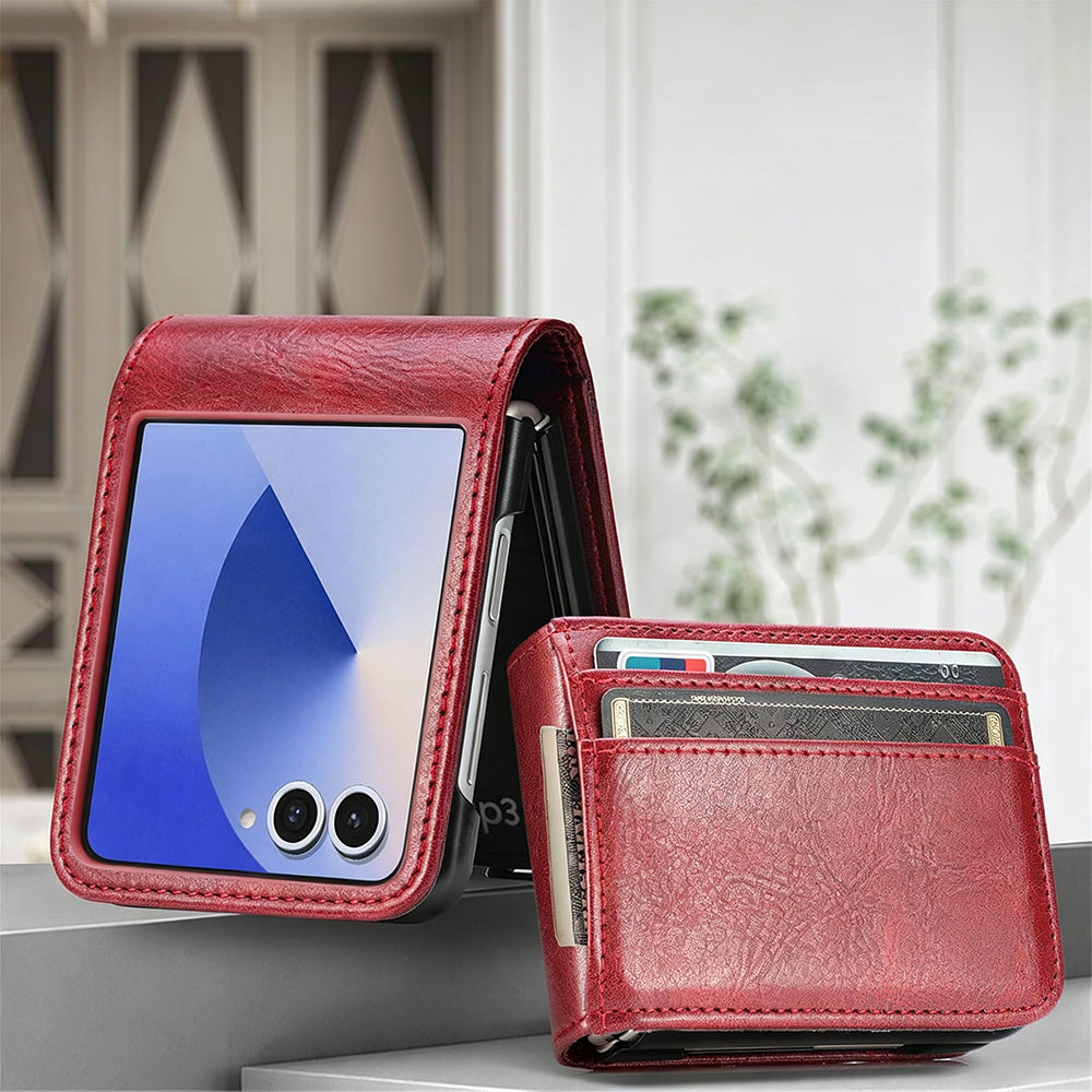PU Wallet Card Holder Case for Samsung Galaxy Z Flip 6 7 8 with Stand-Red